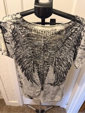 Affliction reversible Womens Black & White Graphic Wing Back Cutout Top